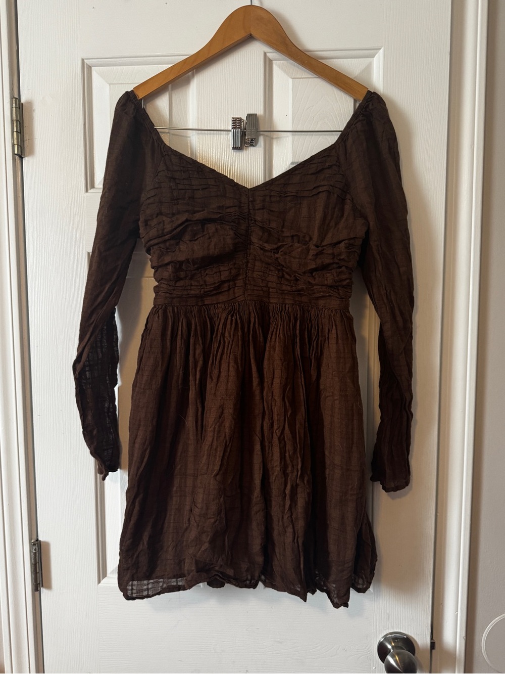 American Eagle Chocolate Brown Ruched Mini Dress Size Large | 100% Cotton Long S